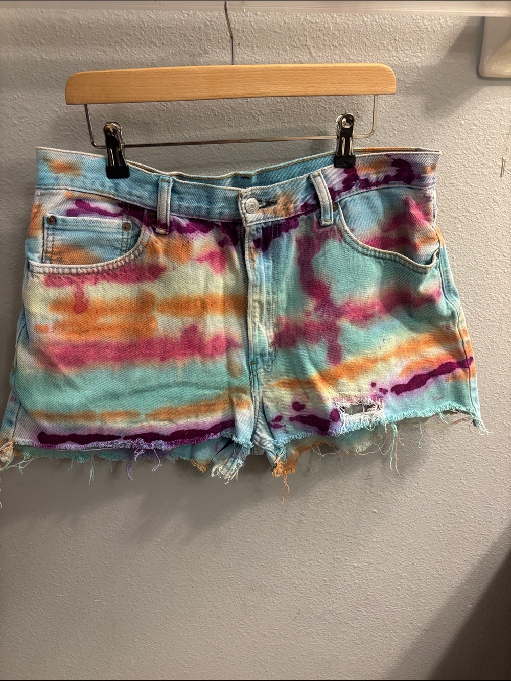 Tie-Dye Aqua Denim Cutoff Shorts